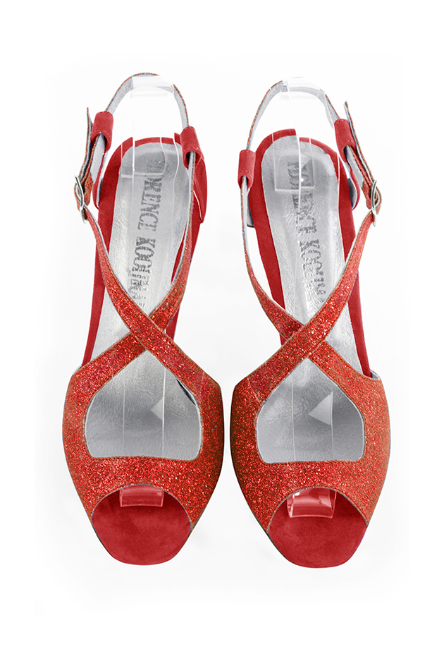 Women's scarlet red and cardinal red elegant cross straps sandals. Round toe. High slim heel - Top view
